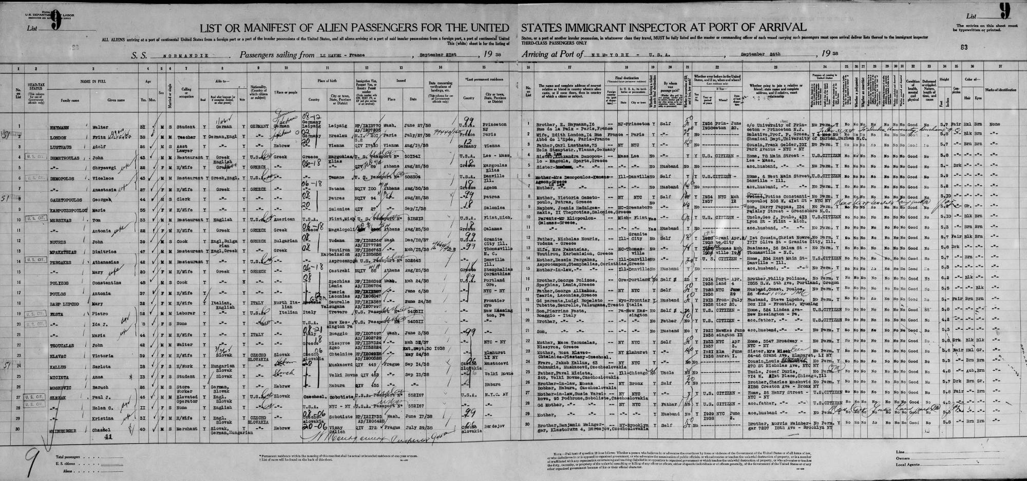 SS Normandie manifest 1938