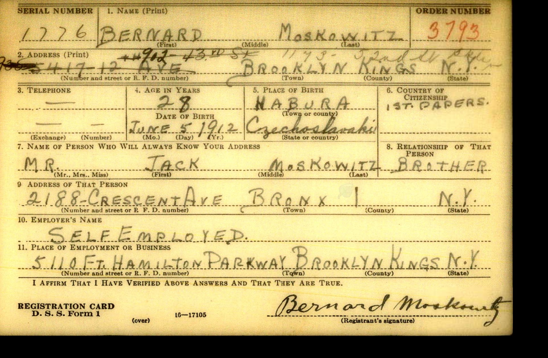 Bernard Moskowitz draft card 1940