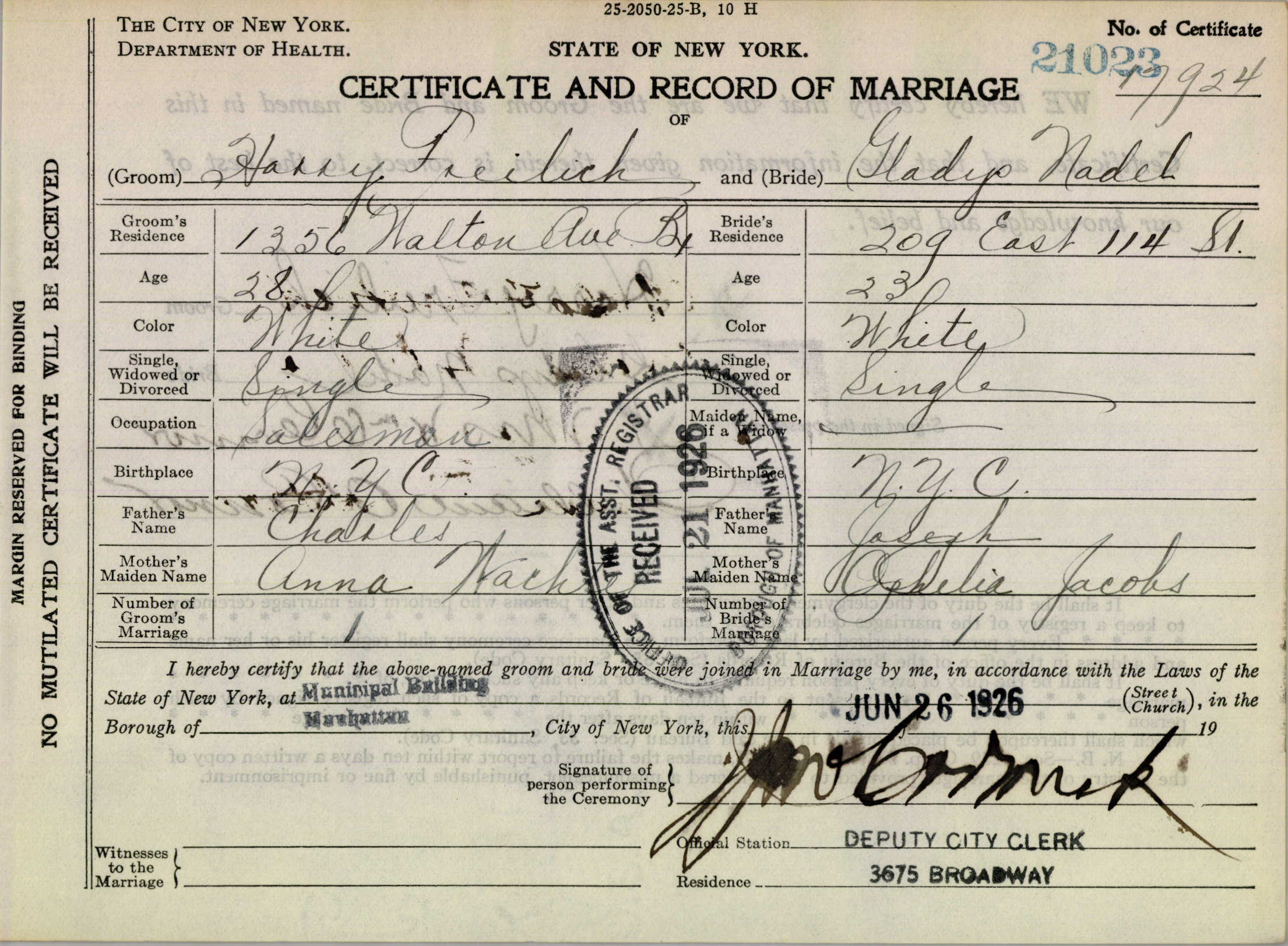 1926 marriage certificate