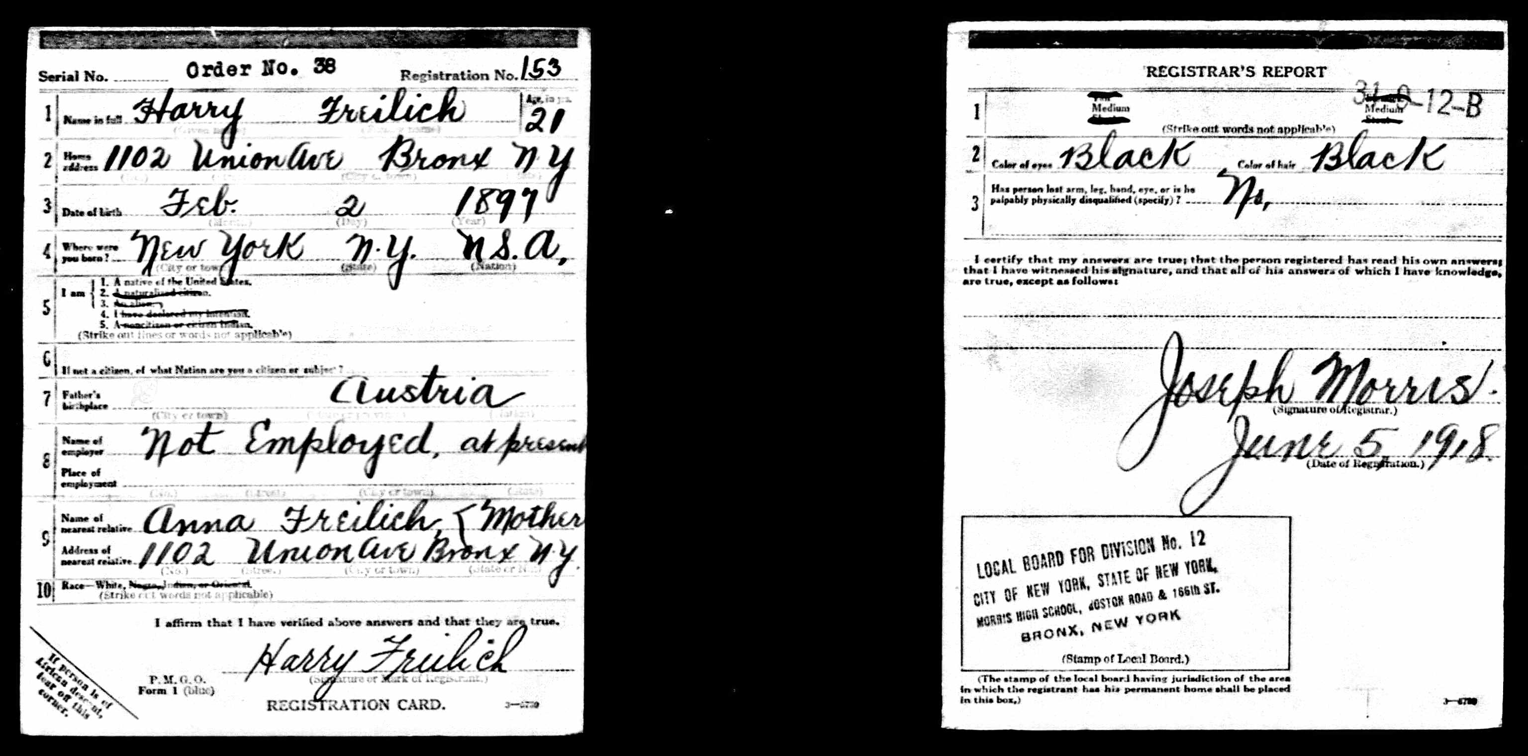 Harry Freilich WWI draft card 1917