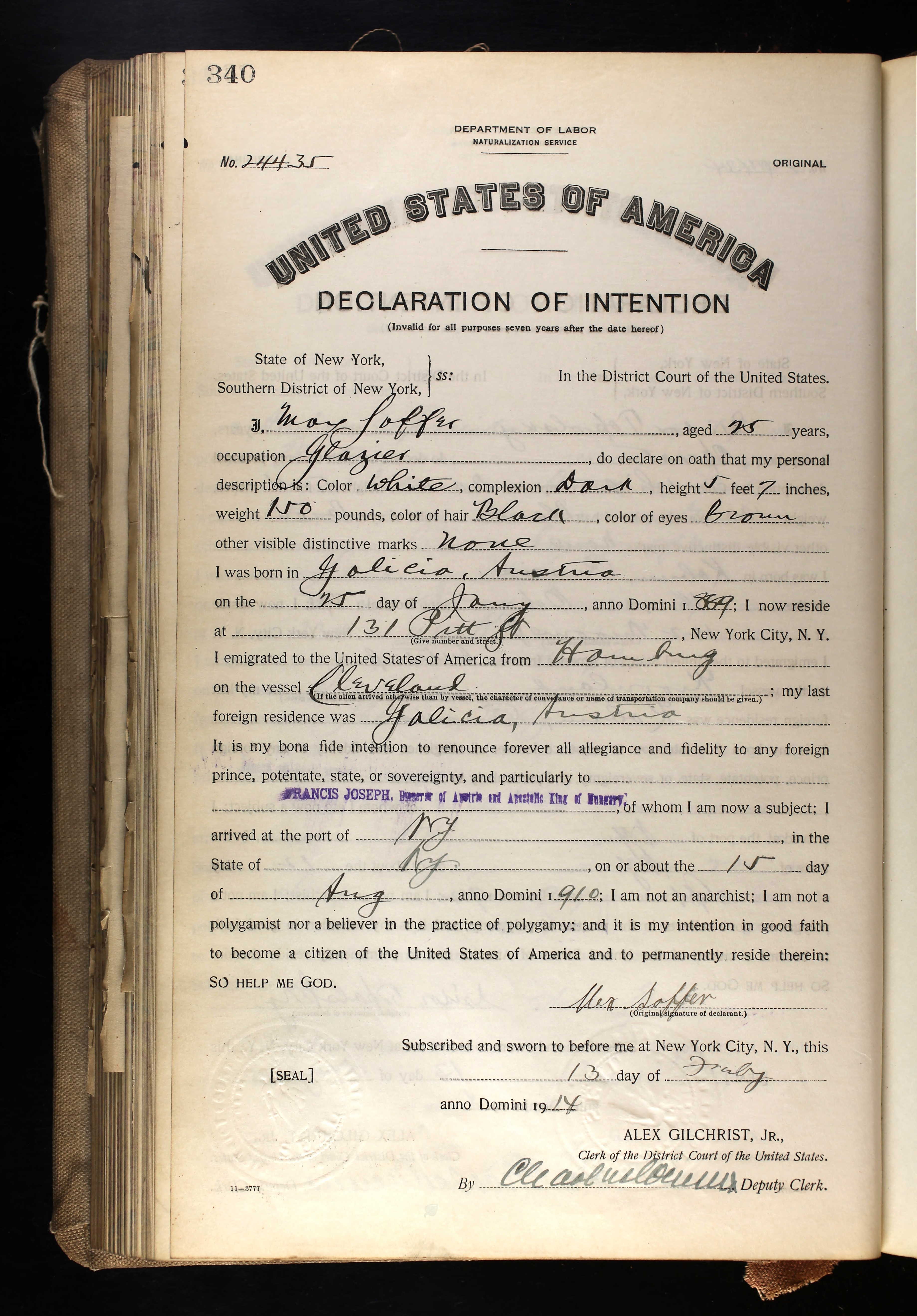 Max Soffer 1914 declaration of intention