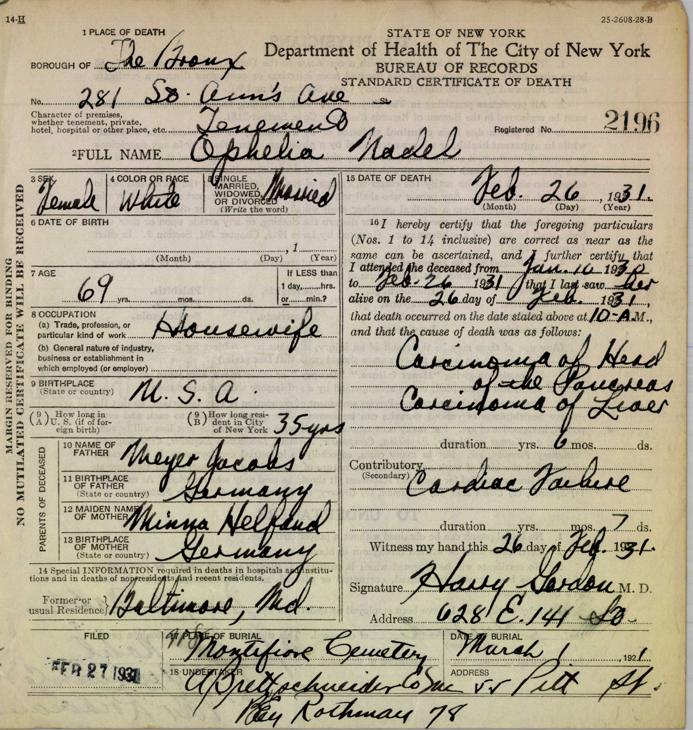 Ophelia Nadel death certificate