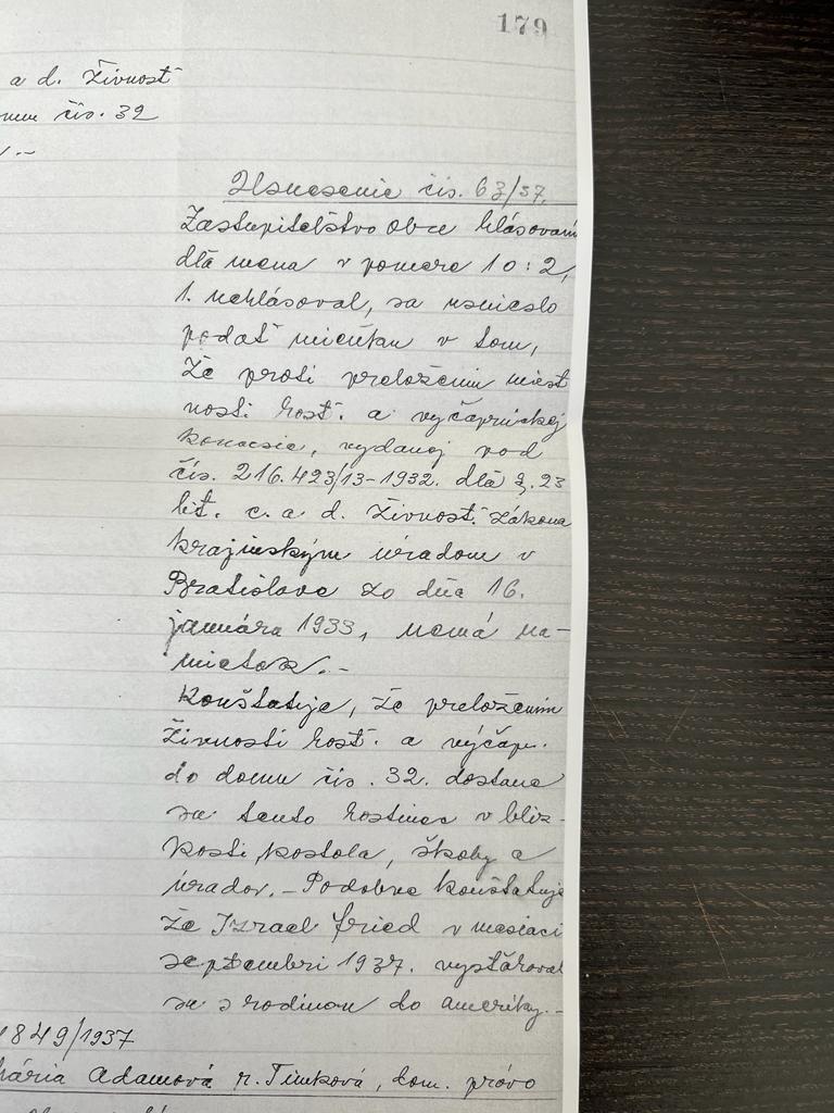 Budkovce council minutes 1937, Resolution 63/37 on Izrael Fried's tavern concession