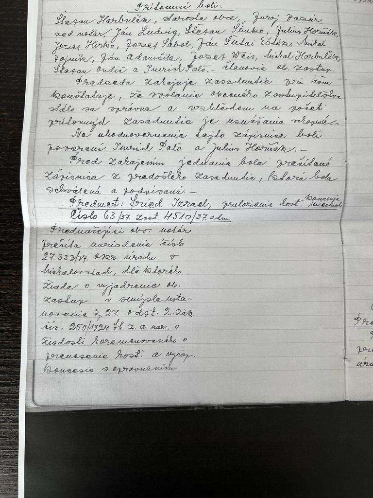 Budkovce council minutes 1937, subject heading and attendance