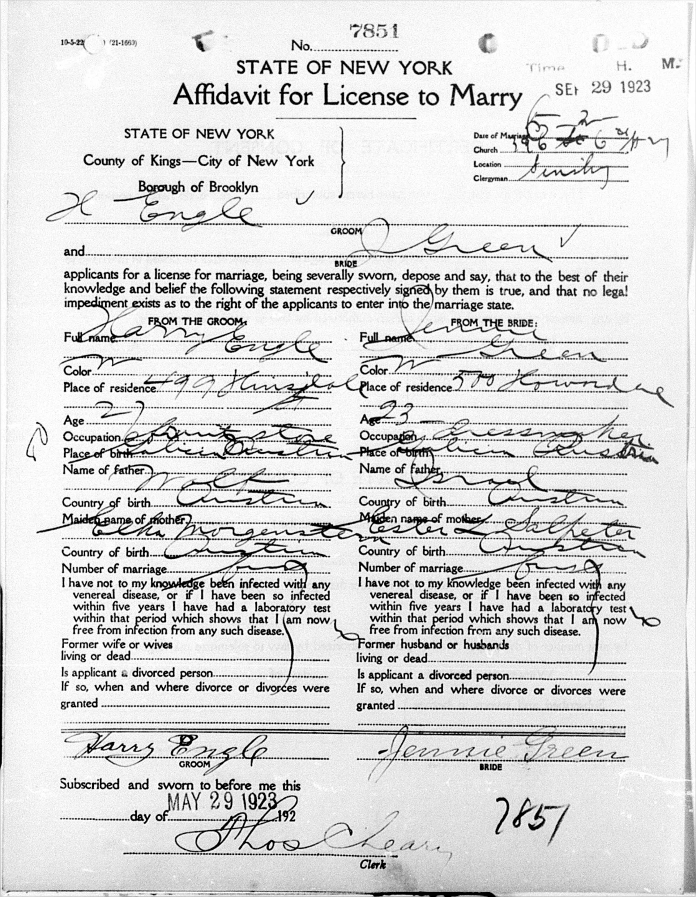 1923 Brooklyn marriage affidavit, Harry Engle and Jennie Green, no. 7851