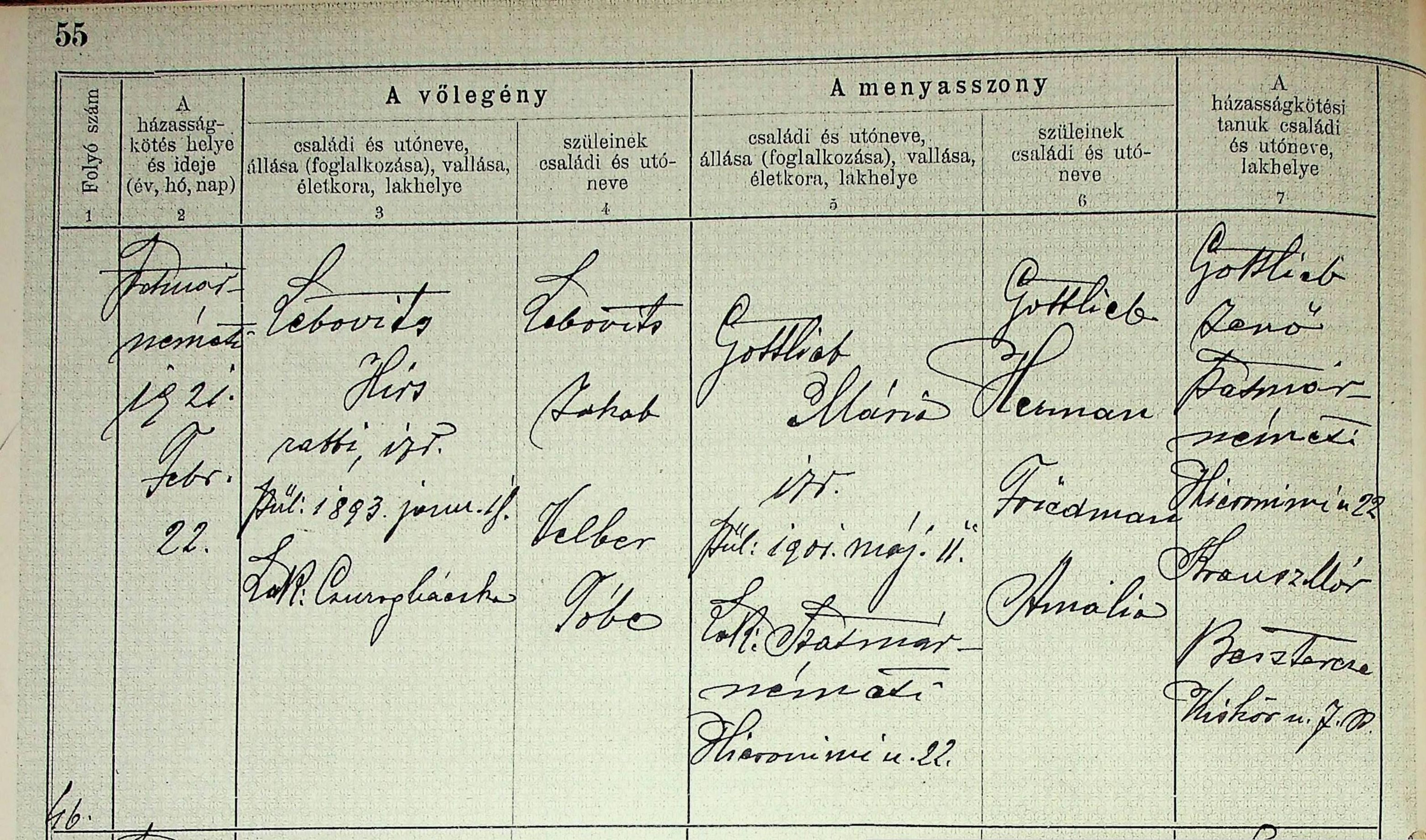1921 Satu Mare marriage register, Lebovics-Gotlieb, entry 55