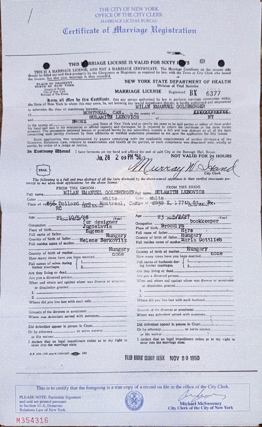 Milan and Sue Goldberger 1950 marriage certificate